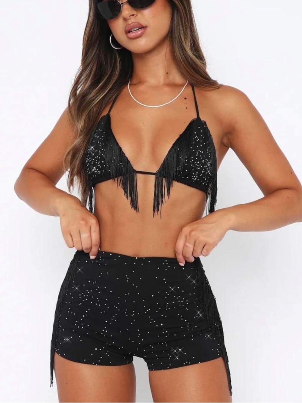 White Fox Boutique Black Sequin Polka Dot Tankini Shorts Set